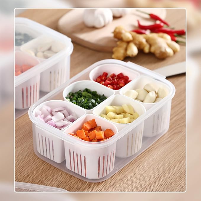 Reusable Veggie Tray with Lid, 6-Compartment Divided Snack Box Container & Fridge Organizer, Meal Prep Spice Case, Divided Food Storage Containers, Chilled Condiment Server & Vegetable Organizer