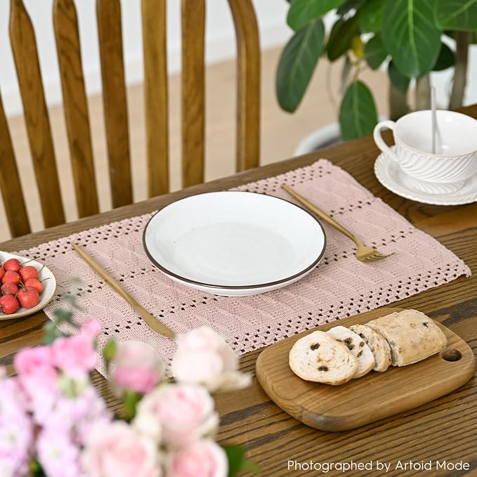 Artoid Mode Pink Farmhouse Woven Rustic Hollow Placemats Set of 6,12x18 Inch Seasonal Holiday Table Mats Party Kitchen Dining Decoration