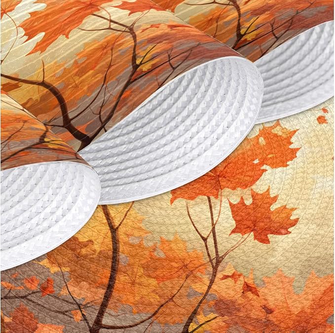 Round Placemats Set of 4, Fall Maple Leaves Branches Woven Placemats Mats Non-Slip Heat Resistant Washable Table Mats Round Braided Place for Farmhouse Kitchen Dining Party Decor 15in