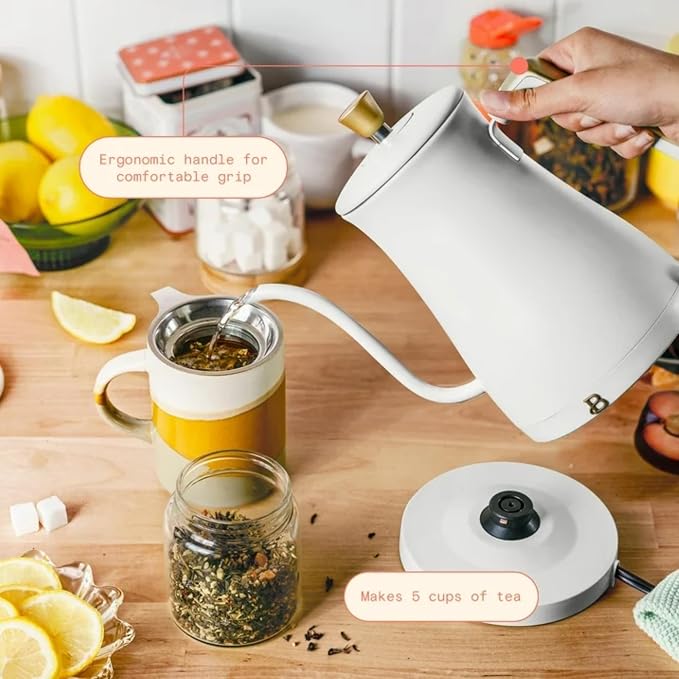 Electric Gooseneck Kettle 1 Liter 1200W Fast Boil with Precision Pour Spout, Stainless Steel Interior, Auto Shut-Off & 360° Swivel Base (White Icing)