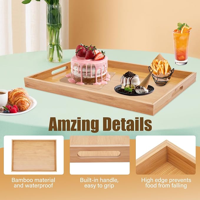 4 Pack Large Serving Trays with Handles Wooden Tray for Food Dinner Breakfast Portable Decorative Wood Plate for Kitchen Living Room
