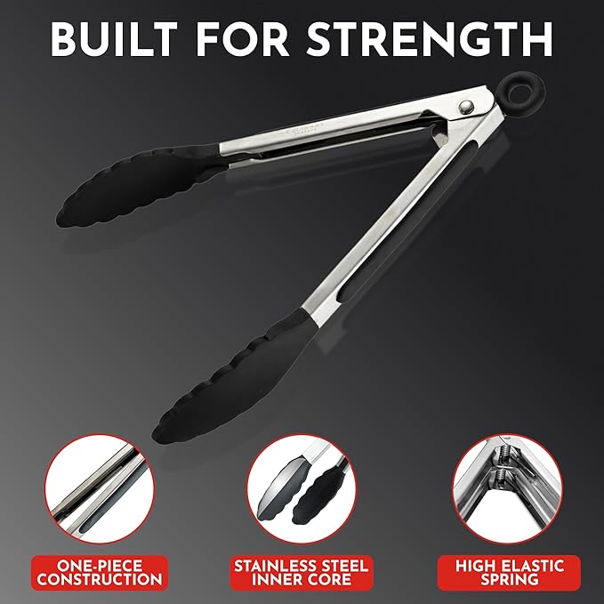 Kitchen Tongs with Silicone Tips Set of 3 Heat Resistant Tongs for Serving Food, 7-Inch, 9-Inch, 12-Inch Locking Silicone Tongs for Cooking, Salad Tong, Black Kitchen Utensils