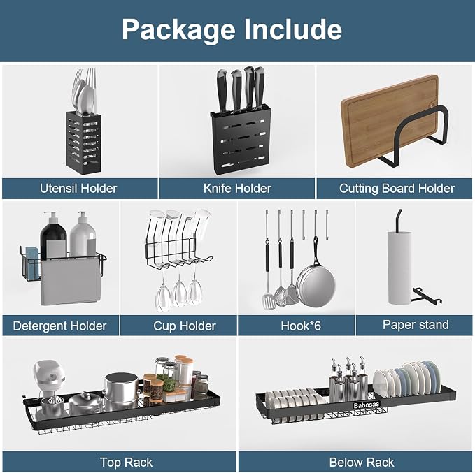 Over The Sink Dish Drying Rack,3 Tier Adjustable Length (25.5'' to 37.4'') Full Stainless Steel Large Storage Kitchen Dish Rack,for Kitchen Counter,Expandable Multifunctional Organizers,Black