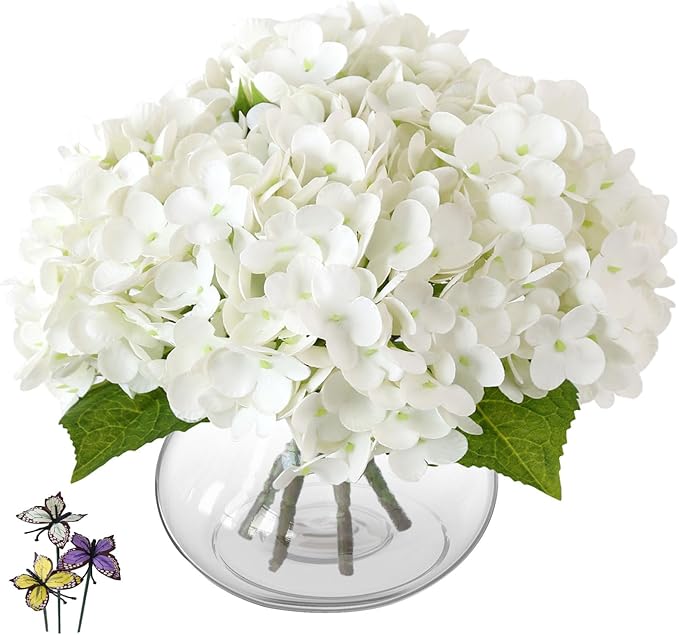 Leftover Hydrangea Artificial Flowers with Vase,White Real Touch Hydrangea Flowers with Butterfly,Faux Hydrangea Flowers for Floral Centerpieces for Tables,Home Decor,Wedding Decor,Coffee Table Decor