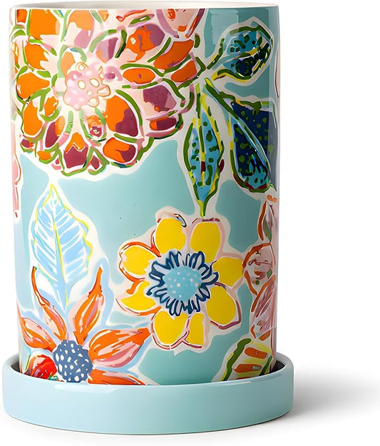 Utensil Holder for Kitchen Counter, Large Ceramic Utensil Holder Crock with Drain Tray, Hand-Painted Floral Rustic Farmhouse Kitchen Crock, Perfect for Women, Christmas, Hostess Gifts & Fall Decor