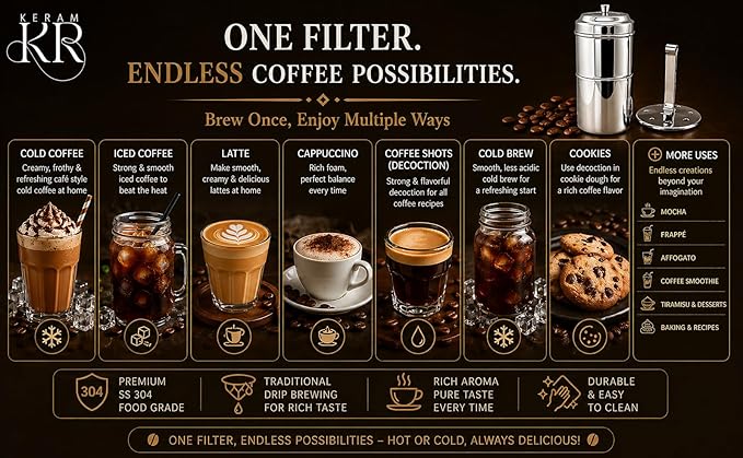 KERAM coffee filters indian style big/drip coffee maker/south indian-750 ml(25.36 Oz) 12-15 cup-coffee bar accessories-madras coffee filter for camping-hiking reusable/permanent slow metal filter
