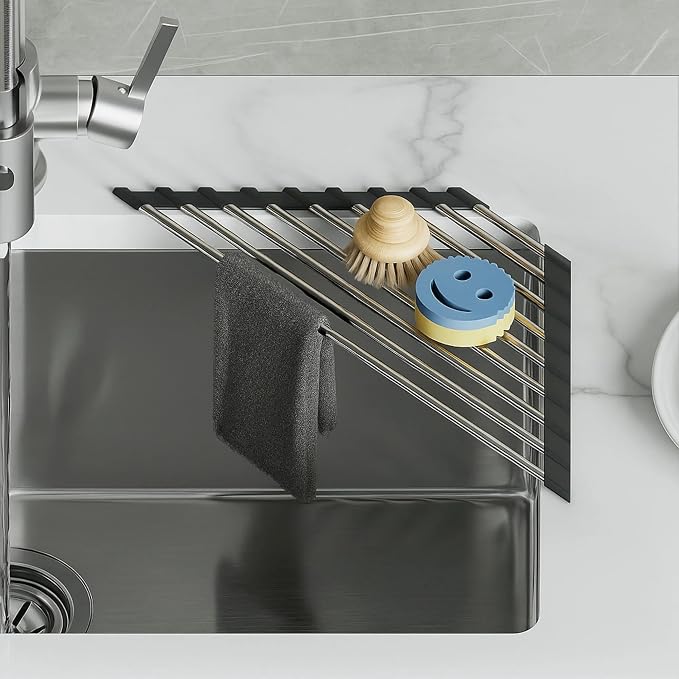 Dowell Over The Sink Roll-Up Dish Drying Rack, Foldable Tube Design, Space Saving Sink Organizer, Sturdy, Easy to Clean, Stylish Look - Triangle+Rectangular - Full Silicone
