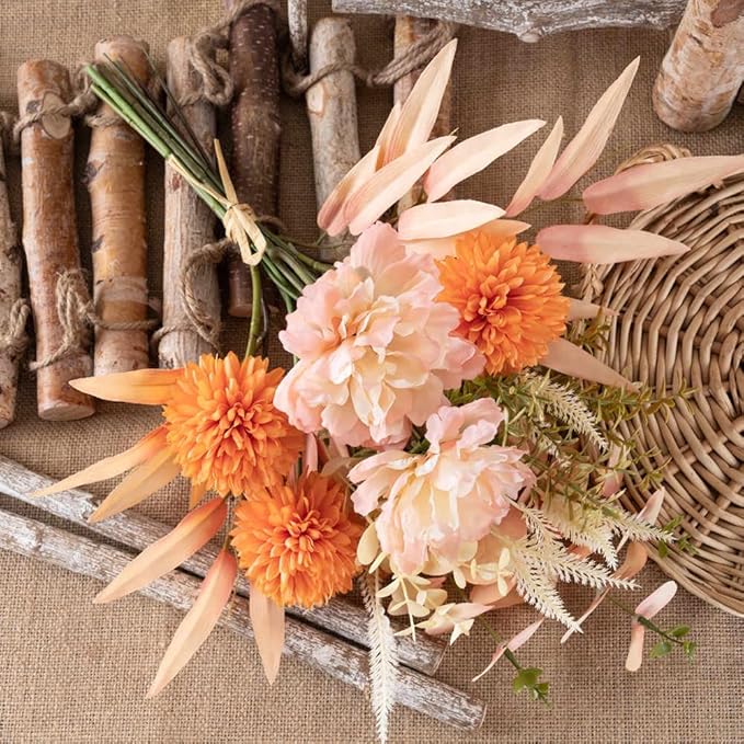 KIRIFLY Artificial Fake Flowers Plants Silk Flower Arrangements Wedding Bouquets Decorations Plastic Floral Table Centerpieces for Home Kitchen Garden Party Décor (Pink Orange)