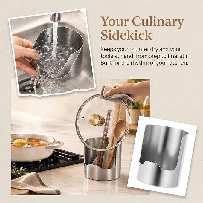 Multi-functional Kitchen Utensil Holder, Heavy Duty Stainless Steel Countertop Organizer for Pot Lids, Spatulas, Ladles and Cutting Boards, Vertical Spoon Rest Rack with Lid Storage (2Pcs)