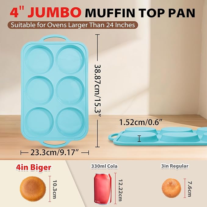 Nonstick Silicone Muffin Top Pan: 4 Inch Jumbo Silicone Egg Molds with Metal Frame for Baking Breakfast Sandwiches/English Muffins Egg Bites Hamburger Buns - for Oven Housewife (Beige& Mint Green)
