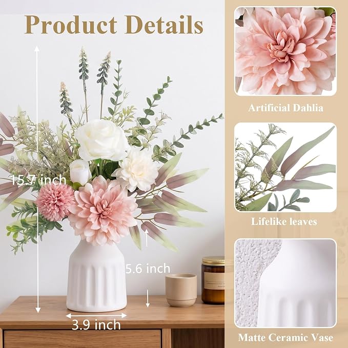 Fake Flowers in Vase, Artificial Flowers with Vase, 15.7'' Floral Arrangements for Dining Table Centerpiece Decor, Silk Roses & Faux Dahlia Bouquet for Farmfouse Kitchen Coffee Table Decor (Pink)