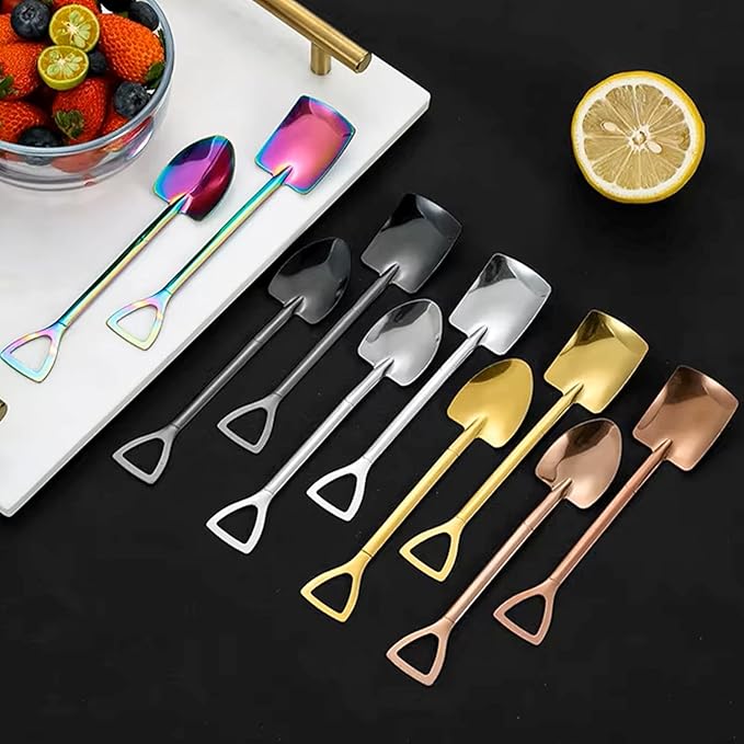 2 Pcs (1 Set) Stainless Steel Shovel Spoons – Reusable Mini Dessert Spoons for Coffee, Tea, Ice Cream, Fruit, Sugar & Cake, Cute Shovel-Shaped Silver Spoons for Kitchen and Party Use (Black)