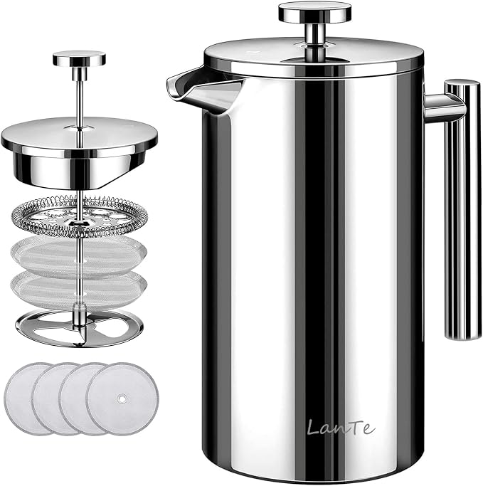 LANTE French Press Coffee Maker, 1.5L Double Insulated 304 Stainless Steel Tea Maker 4 Level Filtration System, No Coffee Grounds, Rust-Free, Dishwasher Safe 50oz Coffee Press for Family Party