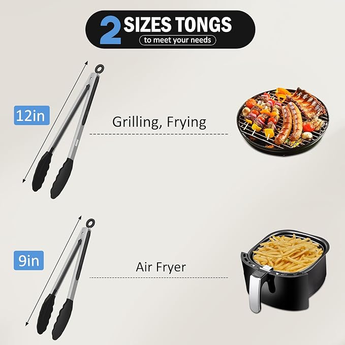 Tongs for Cooking, 600ºF High Heat-Resistant Stainless Steel Kitchen Tongs with Silicone Tips, Non Scratch, Locking Tong for BBQ Grilling Air Fryer Food Salads, Set of 2 (9" and 12") Black