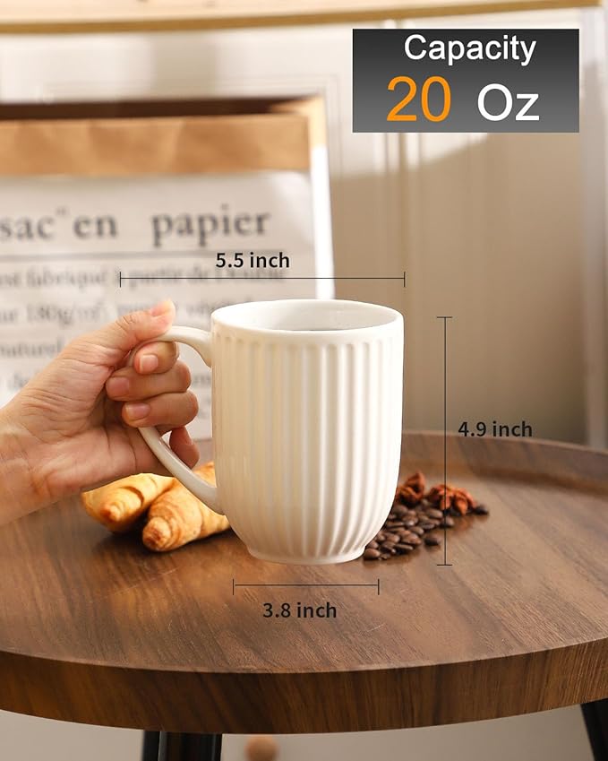 Hasense Porcelain Coffee Mug Set of 2, 20 Oz Large Coffee Mug, Ceramic Latte Cup with Handle, Modern Ribbed Design Tea Cup for Coffee, Cocoa, Wedding, Housewarming Gift, White