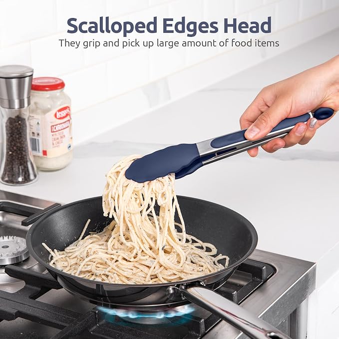 600ºF Heat Resistant Kitchen Tongs: U-Taste 9 in Silicone Cooking Tong with Firm Sealed Non Stick Rubber Tips & Silicon Coated 18/8 Stainless Steel Handle & Smooth Lock for Serving Grill-Midnight Blue
