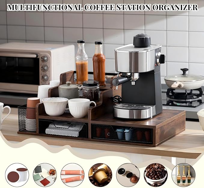 Potchen Wood Coffee Station Organizer Coffee Bar Organizer with 3 Tier Sliding Pods Storage Drawer Compatible with K Cup Storage Holder for Countertop Bar Accessories