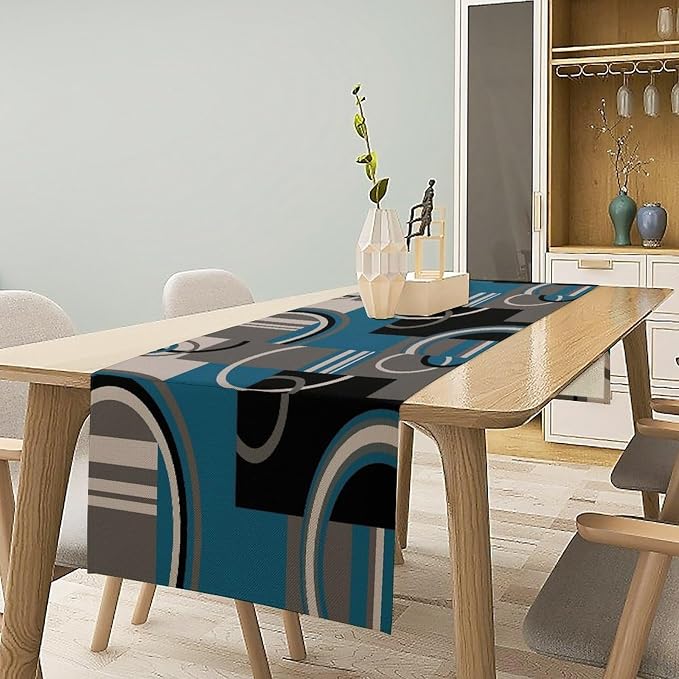 Modern Geometric Table Runner Abstract Teal Black Gray White Minimalist Contemporary Geometry Circle Swirls Dinner Runner for Kitchen Dining Holiday Party Decor 13x60in