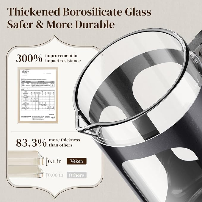 Veken French Press Coffee Maker,No Plastic Touching Cafe,34oz 1L Cafetera,Heat Resistant Thickened Borosilicate Glass Stainless Steel Pot for Kitchen,Travel,Camping,Tea, Gifts, Dark Pewter (Pack of 2)