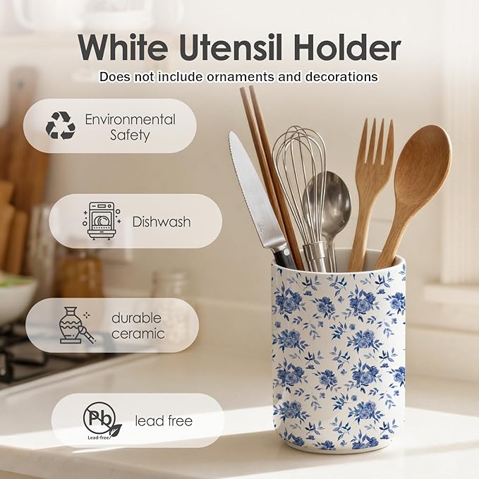 Utensil Holder, Utensil Holder for Kitchen Counter,Large Cooking Utensil Crocks for Kitchen Counter Decor,Morden Utensil Organizer,Ceramic Vase , H6.3 xD4.7(Blue and White Porcelain)