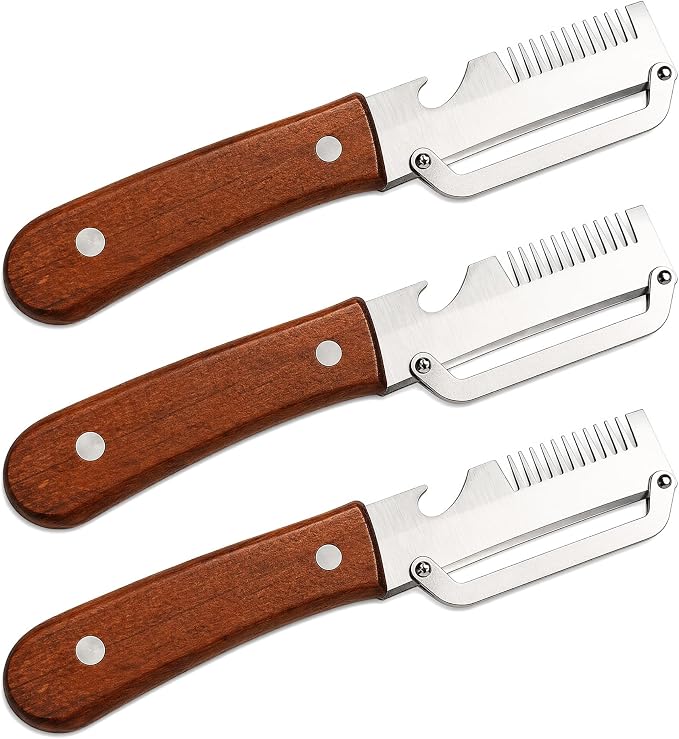 3 in 1 Multifunction Vegetable Peeler + Bottle Opener + Grater with Wooden Handle, Stainless Steel Hand Held Peeler for Potato, Pumpkin, Carrot, Fruit and Vegetable Peeler for Kitchen 3 Pcs