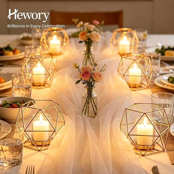 Hewory Geometric Tealight Candle Holders Gold, Modern Metal Geo Wedding Centerpieces for Table, Votive Candle Stand Accent for Tea Light for Home Shelf Mantel Christmas Birthday Party Decor, 6pcs