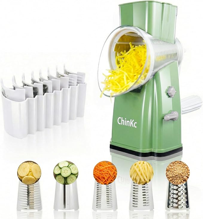 Upgrade Rotary Cheese Grater Shredder with Handle, Strong Suction Base, Multi-purpose Rotary Grater Slicer with 5 Interchangeable Blades for Ice, Vegetables, Fruit, Nuts with Blade Storage Box