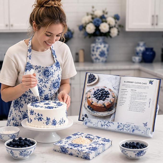 Hushee Chinoiserie Floral Recipe Book Holder Wood Blue and White Kitchen Decor Blue and White Cookbook Stand for Kitchen Countertop Recipe Book Holder for Cooking Lover Housewarming Gift, 18.7x8.7inch
