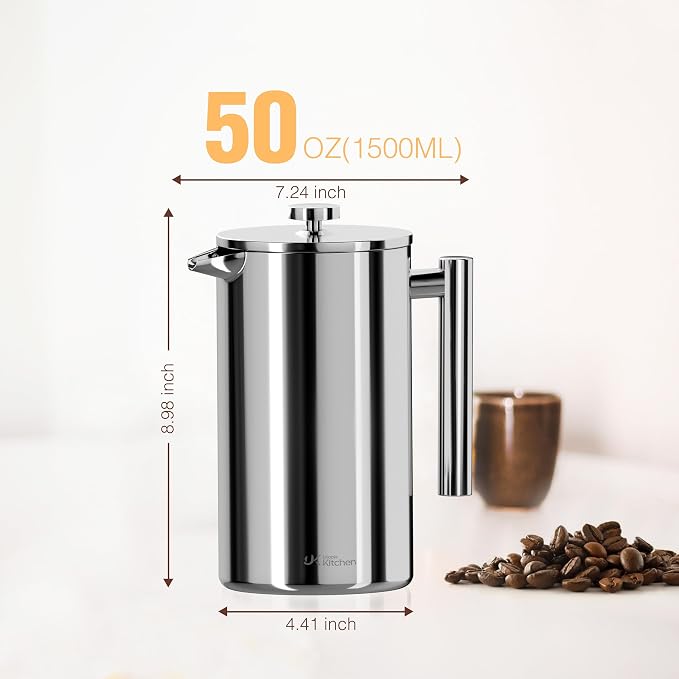 Utopia Kitchen 304 Grade Stainless Steel French Press 50 Oz, Silver | Double Wall Insulated Coffee Press with 4-Level Filtration System, Include 2 Extra Filters, Rust-Free, Dishwasher Safe