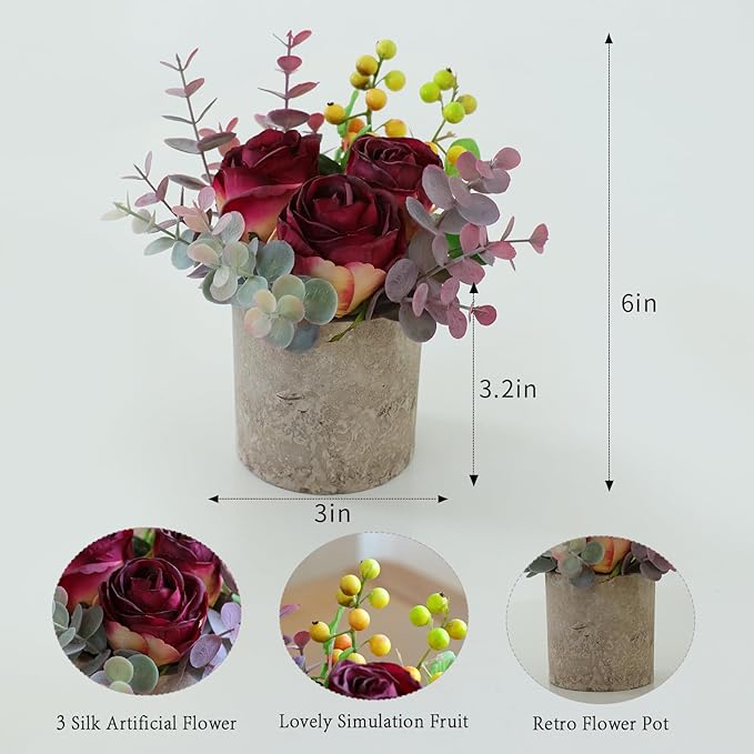 Small Artificial Burnt Burgundy Rose Potted Plant, 6" Fake Silk Flowers in 3" Cylindrical Pot, Mini Faux Floral Arrangement for Desk Shelf Bathroom Decor