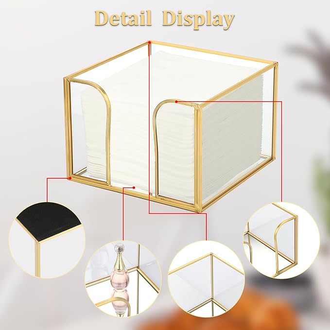 Sumnacon Glass Napkin Holder for Table, Stylish Cocktail Napkin Holder,Modern Napkin Holders for Paper Napkins,Gold Napkin Holders for Kitchen Dining Table Party Restaurant Bar