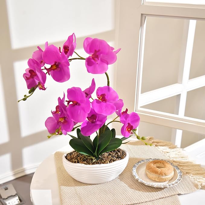 19" H Phalaenopsis Faux Orchid Plant Silk Orchid Centerpiece Artificial Floral Arrangement in Ceramic Pot (Fuchsia)