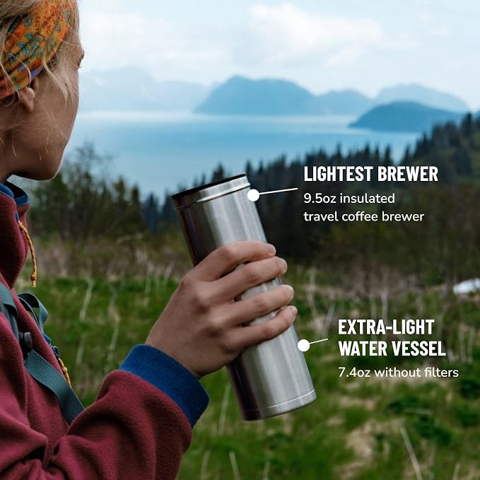 ESPRO Go P0 Ultralight French Press Coffee Maker for Travel, Vacuum Insulated Stainless Steel, 16 Ounces, Brushed Stainless Steel