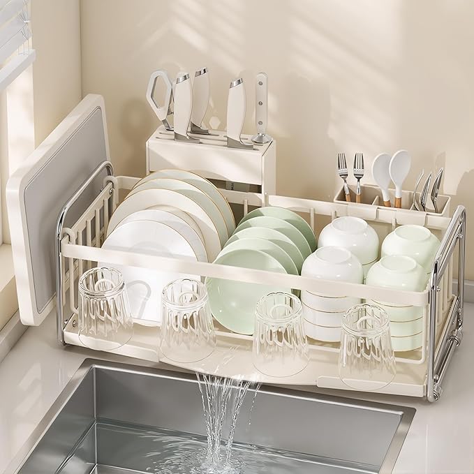 Compact Small Dish Drying Rack for Kitchen Counter - Narrow Metal Dish Drainer Rack with Utensil Holder, Space-Saving Plate Organizer for Sink Storage, Apartment & RV (Off-White Ivory)