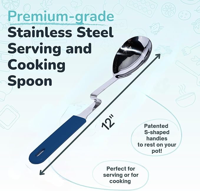 Souper Cubes + Lori Greiner No Mess Stainless Steel Cooking Spoon with Silicone Handle - Stainless Steel Serving Spoon No Mess Design Hooks on Side of Any Pot - Blueberry