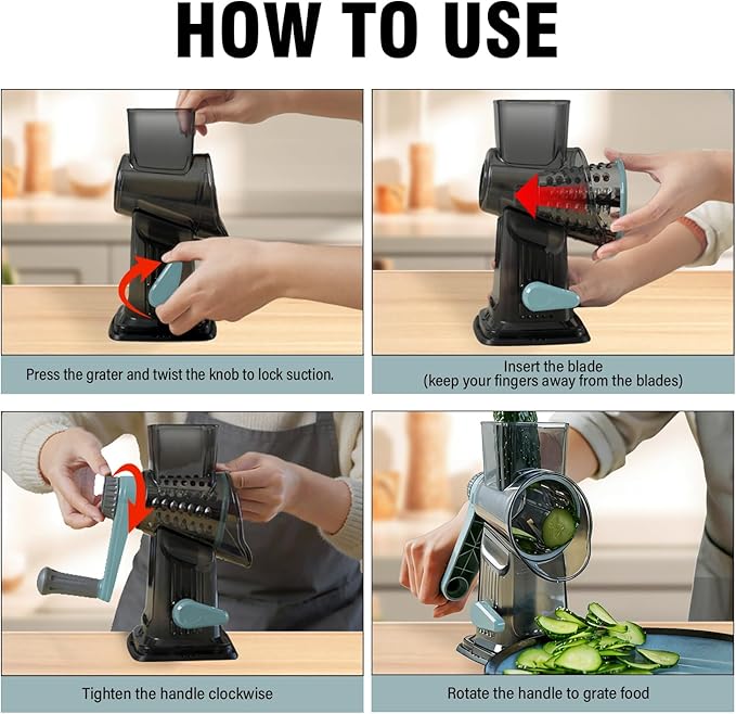 Rotary Cheese Grater Shredder Slicer - 3-in-1 Handheld Crank with Food Pusher for Hard Cheese, Vegetables, Chocolate - Ergonomic Hand Crank, Dishwasher Safe Dark Gray