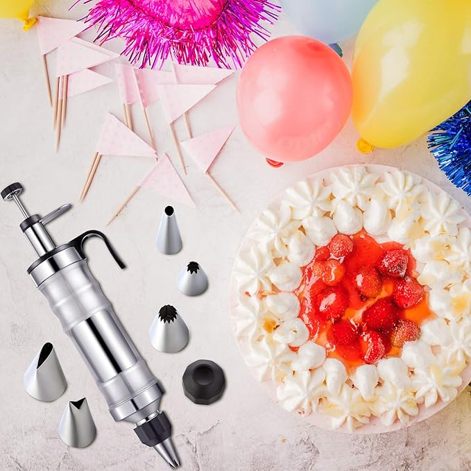 Patelai Cake Decorating Syringe Set, Stainless Steels Dessert Frosting Piping Kit with 6 Icing Piping Tips 3 Cream Scraper for Cupcake Decorating Tools(Black, Blue)