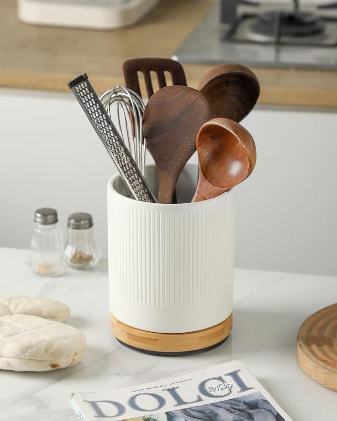 Kitchen Utensil Holder for Countertop, Ceramic Rotatable Utensil Crocks, Kitchen Tool Holder, Cooking Utensil Holder Organizer for Spatula, White