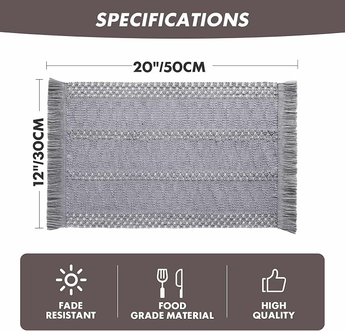 ZeeMart Macrame Style Boho Placemats Set of 4, Light Blue Grey 12x20 Inch | Decorative Farmhouse Table Mats, Natural Cotton Woven Place Mats, Bohemian Home Decor for Kitchen Dining Table