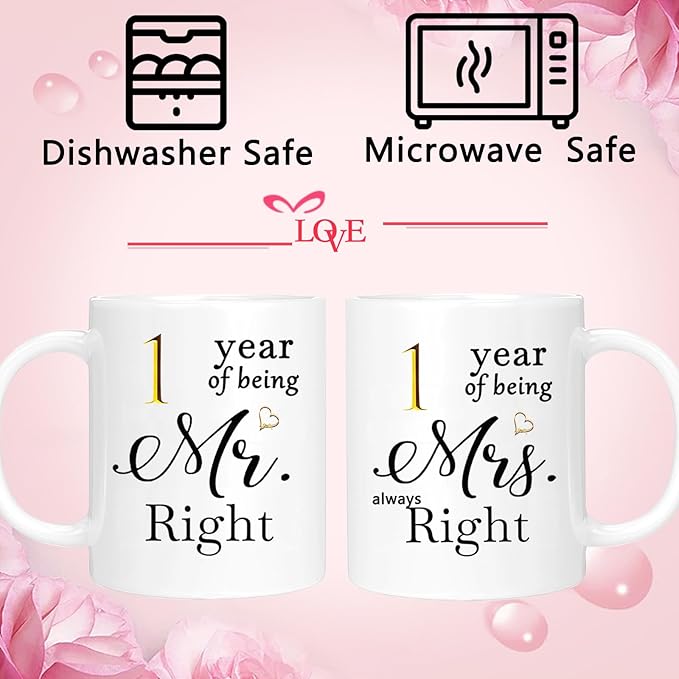 1st Anniversary Coffee Mugs Set of 2, First 1th One Year Anniversary Engagement Gifts for Boyfriend, Girlfriend, Wife Husband Parents Couple, 11oz