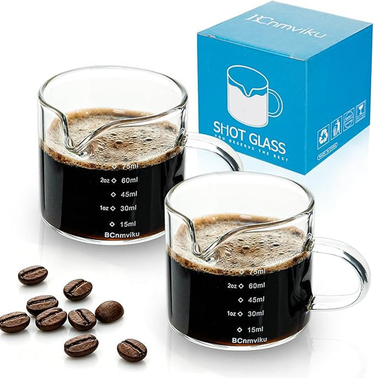 BCnmviku 2 PACK Espresso Glass Measuring Cup Triple Pitcher Milk Cup 75ML Espresso Cups with Handle Shot Glass with V-Shaped Mouth Clear Accessories Milk Frothing Pitcher (2)