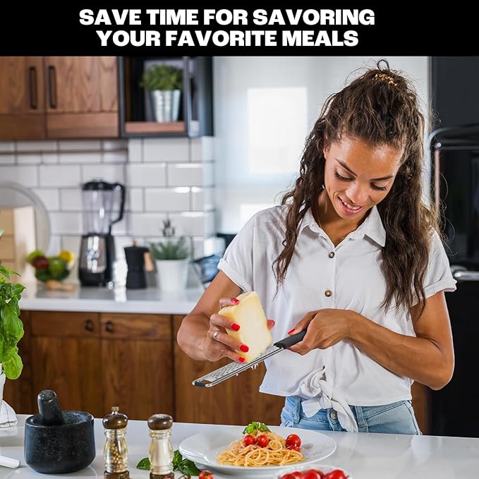 Zester Grater with Protective Cover – Fine Stainless Steel Lemon Zester cheese shredder for Kitchen, Ideal for parmesan, Garlic, Nutmeg, Chocolate, Fruits, Vegetables – Black