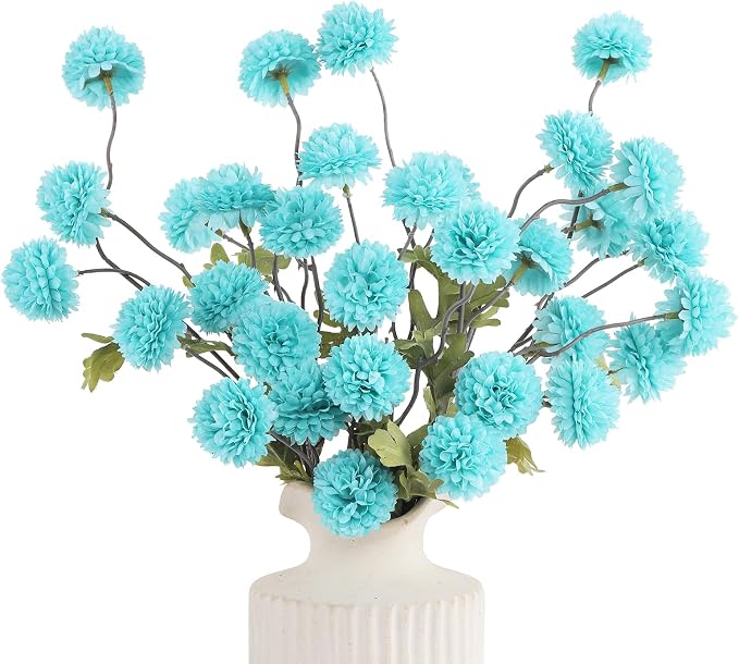 DuHouse 6pcs Artificial Flowers Faux Silk Pompon Mum, Silk Small Mini Chrysanthemum Ball with Stems for DIY Bouquets Centerpieces Vase Home Table Kitchen Decorations (Teal Blue)