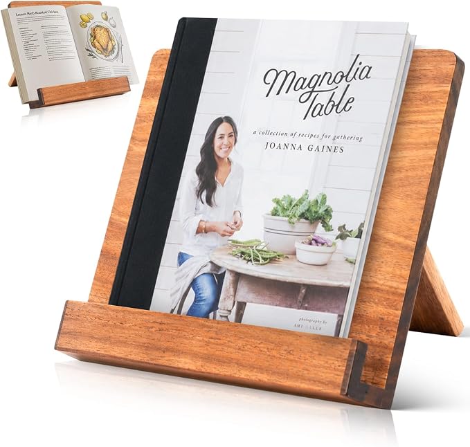 Acacia Wood Cookbook Stand – Adjustable Recipe Book Holder for Kitchen Counter, Sturdy Wooden Stand Fits Thick Cookbooks, iPads & Tablets