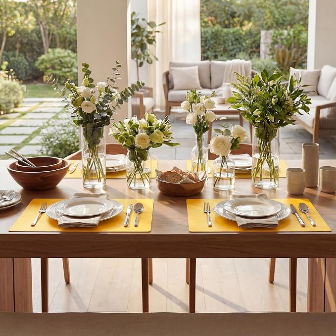 Artoid Mode Yellow Faux Leather Placemats Set of 6, 12x18 Inch Waterproof Wipeable Heat Resistant Vinyl Place Mats, Reversible Table Mats for Summer Kitchen Dining Decor