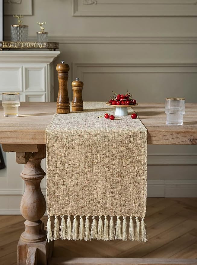 ZeeMart Beige Table Runners 72 Inches Long, Burlap Linen Style Rustic Farmhouse Table Runner, Boho Woven Dining Table Runner, 13x72 Inches, Oatmeal Beige
