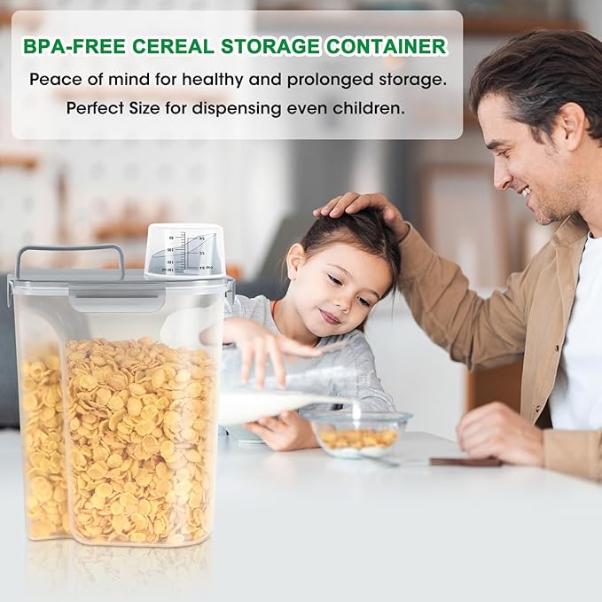 TBMax Rice Container 10 Lbs, Cereal Container Oatmeal Storage, Airtight Food Dispenser with Pouring Spout & Cup for Flour Grain Beans, Pet Dog Cat Food Storage Container-Translucent Grey