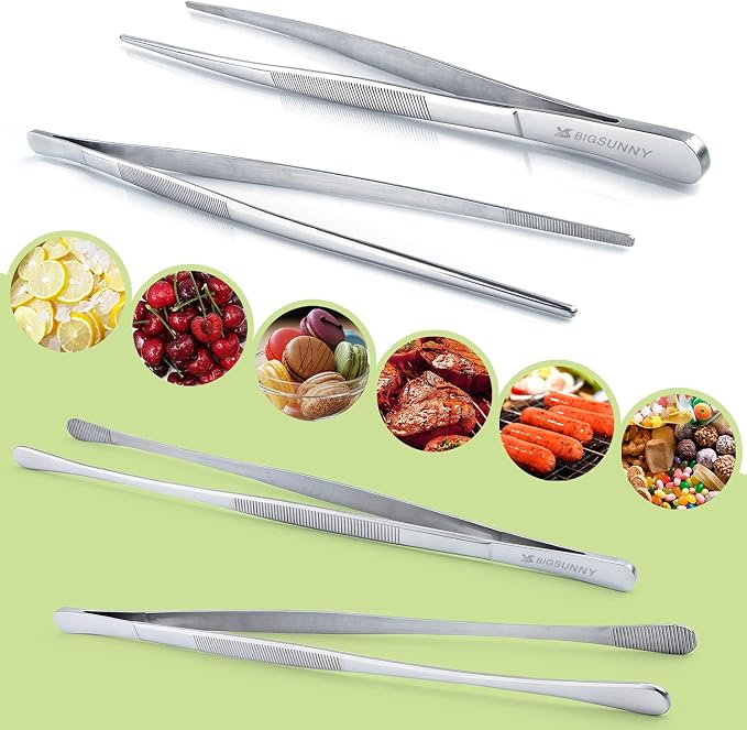 MSY BIGSUNNY Stainless Steel Food Tweezers Multi-function Cooking Tongs Kitchen Serving Tong (12" Round & 12" Pointed Tweezers)