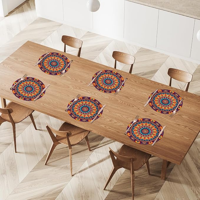 Round Placemats Set of 4, Colorful Boho Pattern Woven Placemats Mats Non-Slip Heat Resistant Washable Table Mats Round Braided Place for Farmhouse Kitchen Dining Party Decor 15in