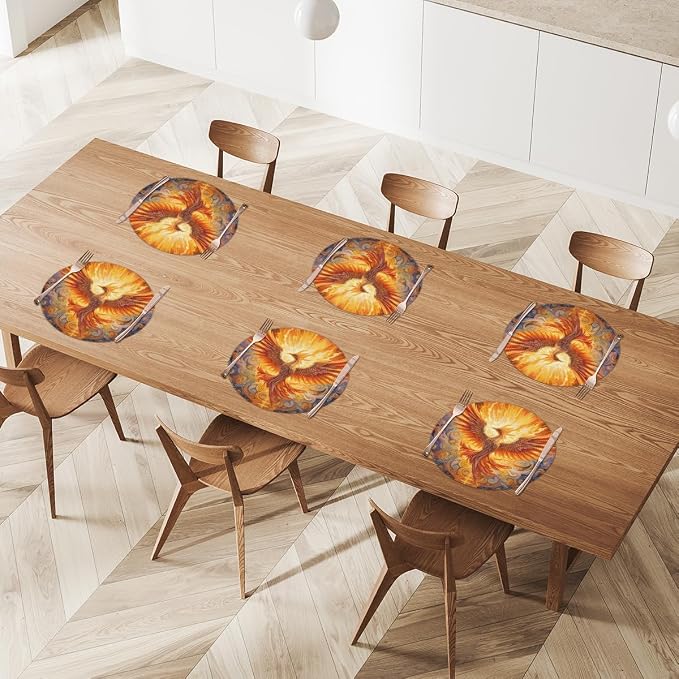 Round Placemats Set of 6, Phoenix Fire Flame Ethnic Pattern Woven Placemats Mats Non-Slip Heat Resistant Washable Table Mats Round Braided Place for Farmhouse Kitchen Dining Party Decor 15in